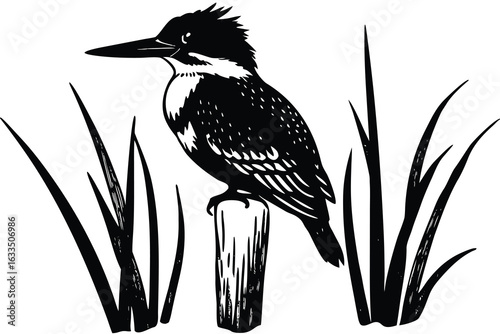Black and White of a Belted Kingfisher Bird Perched on Wood Post