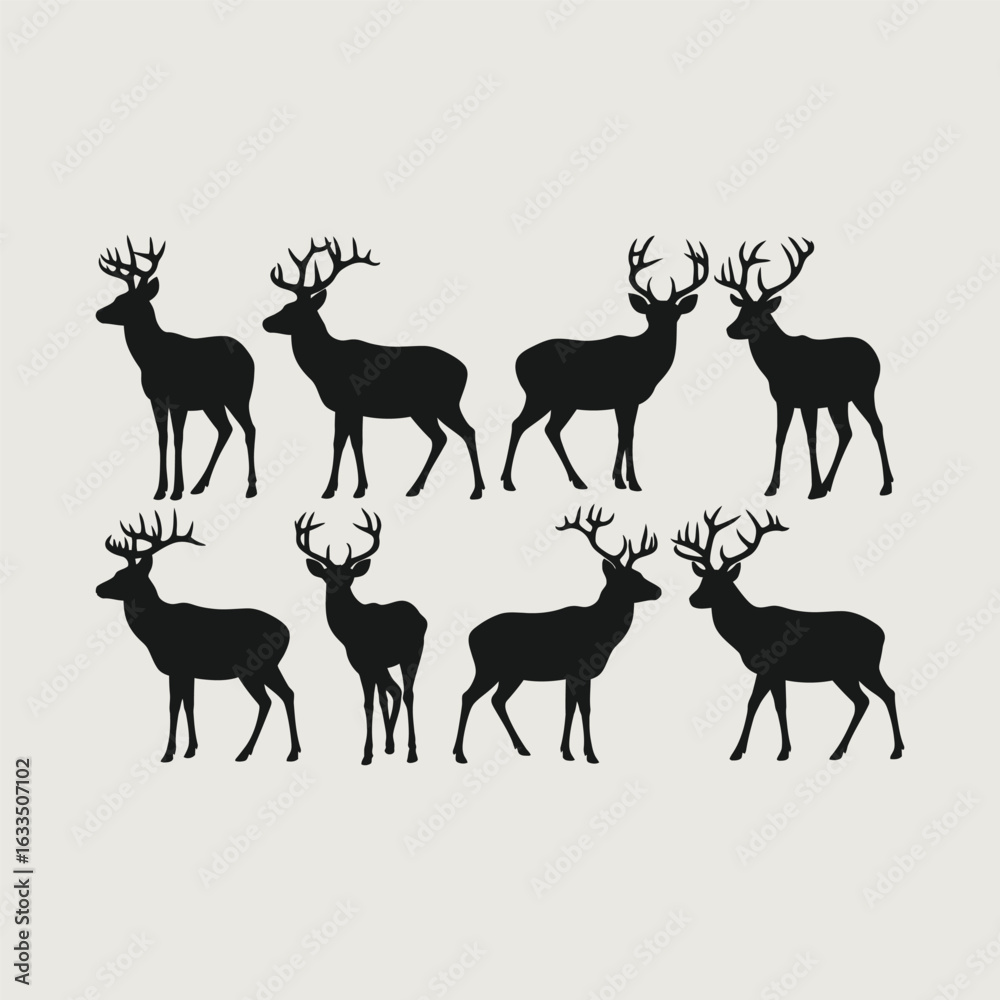 Naklejka premium Set of deer and stag silhouettes. Wildlife vector graphics for logo and design.