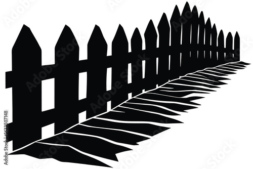 Black and White of a Pointed Picket Fence Casting Shadows on White Background
