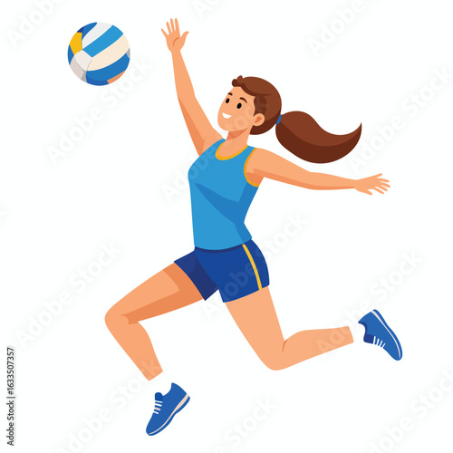 A female volleyball player in mid-air, leaping to catch the ball.