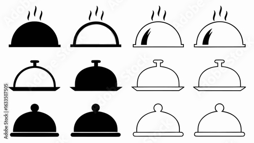 Collection of twelve simple black and white food cloche icons in various styles and arrangements shown silhouette
