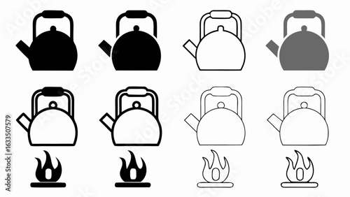 Illustrations of kettles in different styles and colors with flames underneath them on a white background silhouette