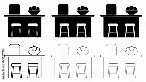 Illustration showing kitchen counters with stools and fruit bowls in black and white variations set in rows silhouette