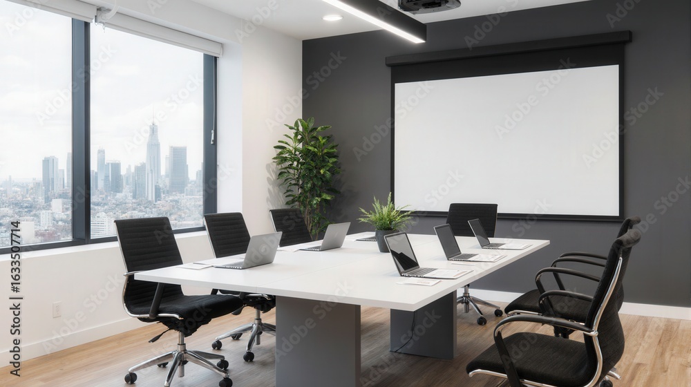 Fototapeta premium Modern conference room with large table, laptops, and cityscape view