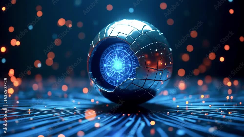 Futuristic spherical device glowing amidst digital particles