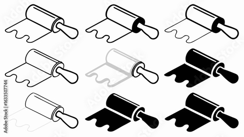 Isometric view of rolling pins with dough in varying shades of gray and black on a white background silhouette