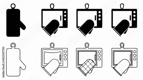 Illustrations of kitchen oven mitts with hanging loops and microwave ovens in black and white outline style silhouette