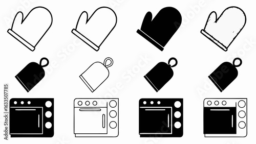 Illustration showing oven mitts pot holders and ovens in black and white kitchen cooking elements design 1 silhouette