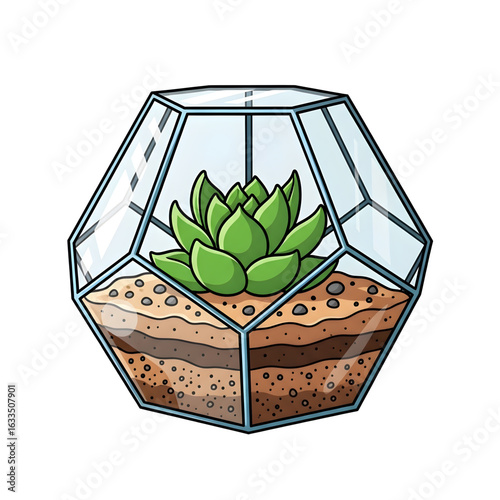 Geometric Terrarium with Succulent in Modern Cartoon Style, Isolated Glass Container with Plant - For Website Spot Illustrations