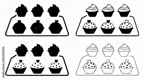 Black and white cupcakes on tiered stands with varying details and styles in a graphic illustration silhouette