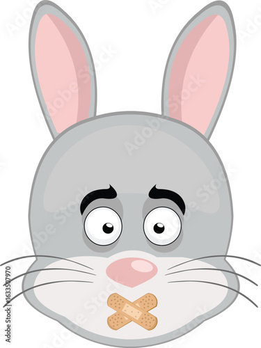 vector illustration emoticon character face rabbit rodent animal, with adhesive strips on the mouth in concept of keeping silent or shutting up