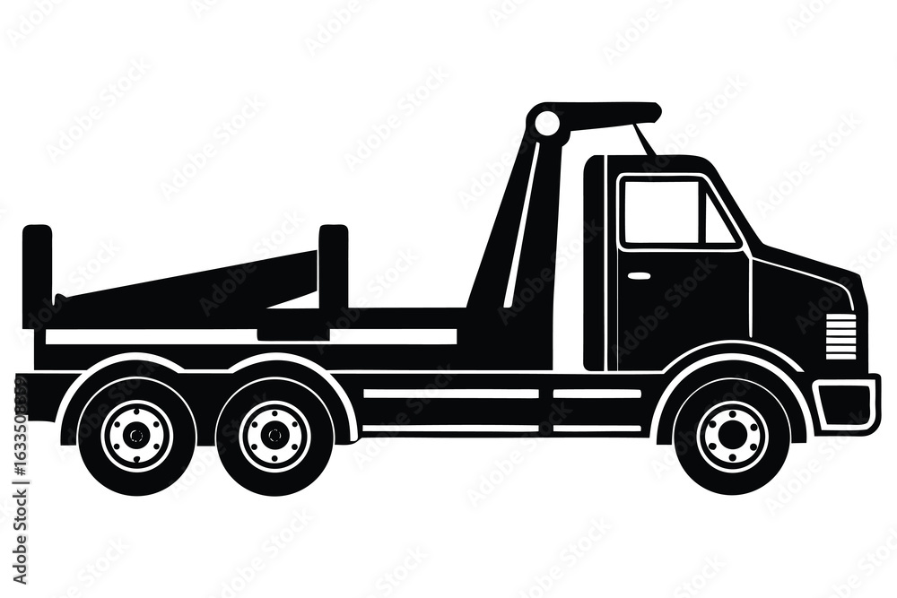 Naklejka premium Black and White Silhouette of a RollOff Truck with Three Axles and Lifting Mechanism