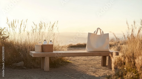 Beige tote bag on wooden bench, outdoor scene