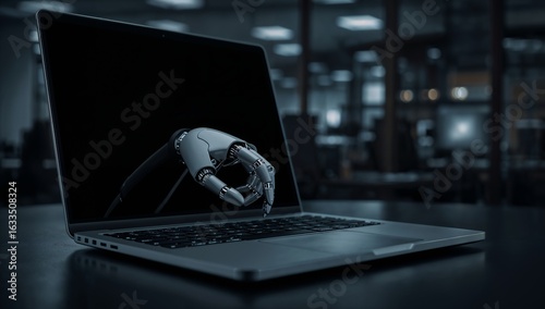 Robotic hand coming out of a laptop