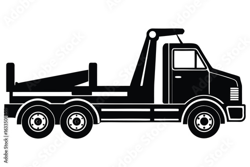 Black and White Silhouette of a RollOff Truck with Three Axles and Lifting Mechanism