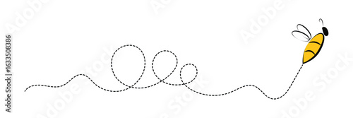Cartoon bee icon set. Bee flying on a dotted route isolated on the white background. Vector illustration in eps 10.
