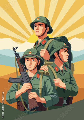 Three soldiers in military uniforms with rifles against a rising sun background