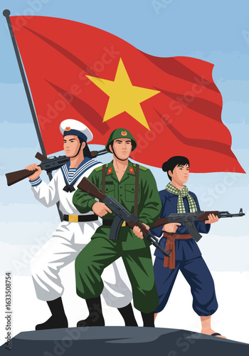 Three Vietnamese Heroes Standing Proudly Under the National Flag