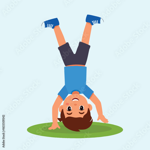 A cartoon boy upside down, playfully doing a handstand on grass.