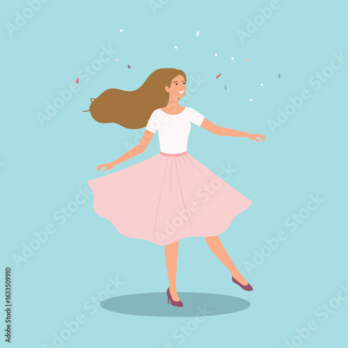 A joyful young woman twirls in a pink skirt amidst celebratory confetti.