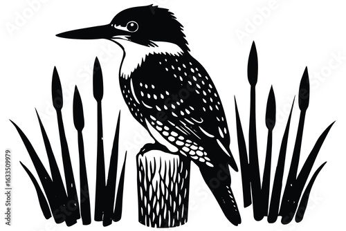 Black and White Woodcut Illustration of a Kingfisher Perched on a Wood Stump with Cattails
