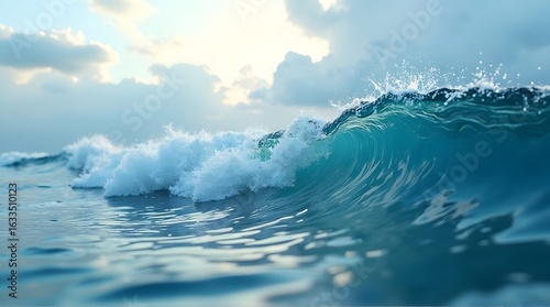 Majestic Ocean Wave Crashing with Spray Under a Cloudy Sky
