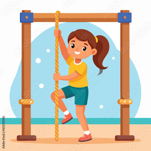 A cheerful young girl climbing a rope on a playground structure.