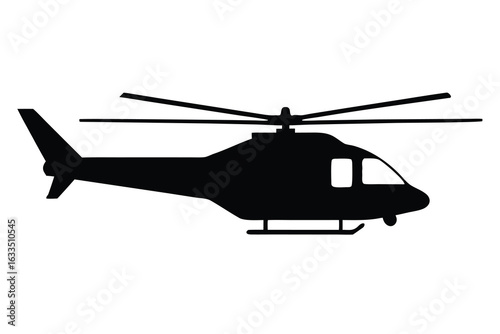 Black Helicopter Silhouette Flying With Spinning Blades Over White Background Illustration
