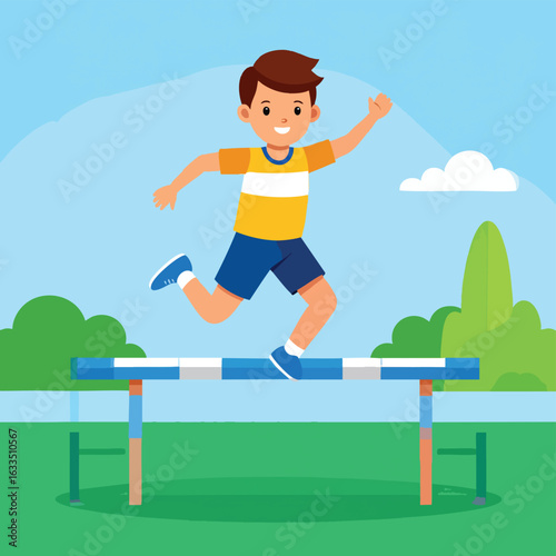 A young boy jumps over a hurdle on a green field under a blue sky with clouds.