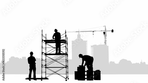 Silhouette of construction workers on scaffolding with city skyline and crane in the background view