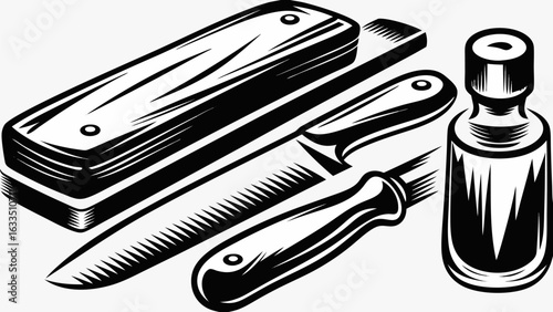 Still life illustration of a wooden box two knives and a bottle in black and white minimalist style silhouette