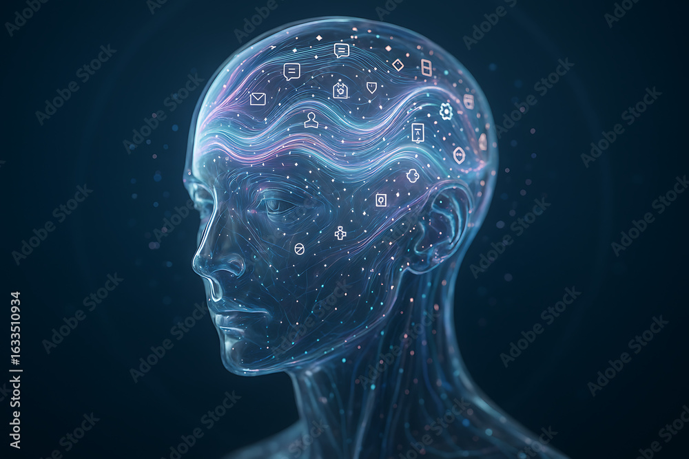 Artificial intelligence human head with glowing neural network connections, futuristic digital brain visualization, data flow and cyber technology concept, 3D rendering of AI mind, neural pathways, ma Artificial intelligence human head with glowing neural network connections, futuristic digital brain visualization, data flow and cyber technology concept, 3D rendering of AI mind, neural pathways, ma