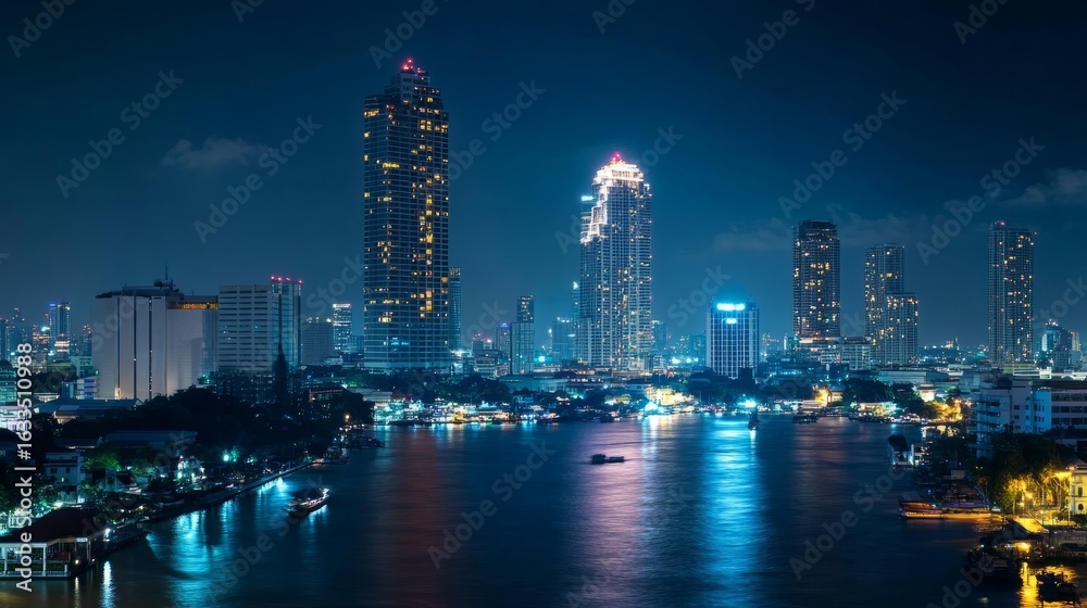 Fototapeta premium futuristic network and connection technology over bangkok business center skyline at night with glowing energy light trails and wireless communication infographic elements depicting modern smart city 