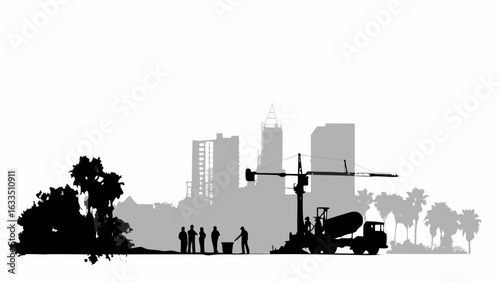 Silhouette of construction site with workers, crane, and cement truck against city skyline at dusk