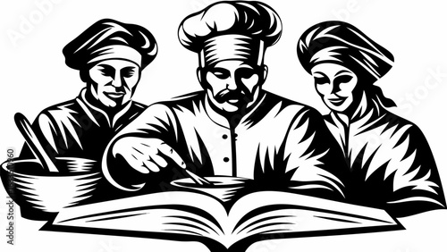 Illustration of three chefs in uniform consulting a recipe book with cooking utensils and bowls present silhouette