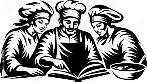 Three chefs looking at a recipe book with a bowl of ingredients in a black and white illustration silhouette