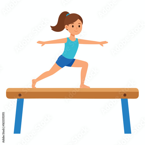 Young girl performing a balance exercise on a gymnastics beam.