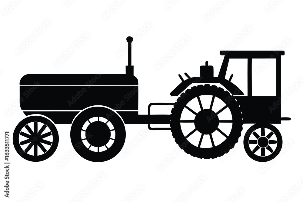 Fototapeta premium Black Silhouette of a Vintage Tractor with Trailer on a White Background