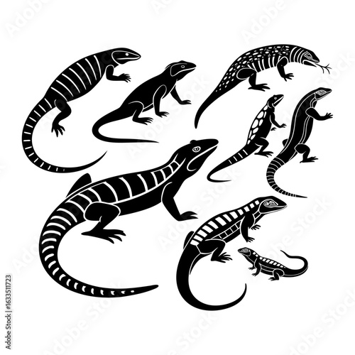 Black Silhouettes of Various Lizards in Digital Minimalist Art