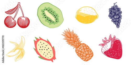 Hand drawn colorful fruits and berries sketch vector illustration. Dragon fruit, lemon, banana, pineapple, citrus, banana,grape,  strawberry. Minimal art