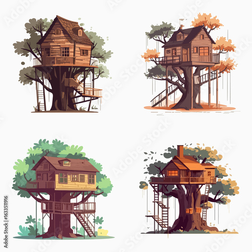 Four vibrant digital illustrations of treehouses, each situated within a lush, autumnal forest setting.  The style is playful and inviting.