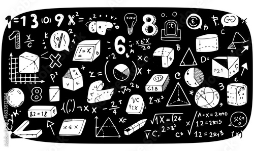 Chaotic Math Doodle Illustration: Equations, Geometry  Numbers