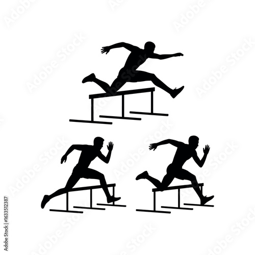 Three black silhouette athletes jumping over hurdles on white background hurdle race track and field