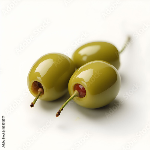 Green olives in stick on white background