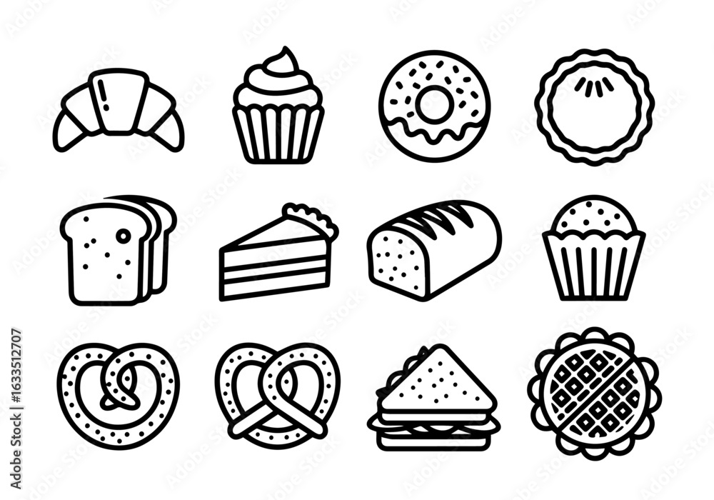 custom made wallpaper toronto digitalBakery and Pastry Vector Icon Set | Bold Line Style | Bread, Croissant, Donut, Cupcake, Sandwich, Pretzel, Cake, Muffin, Pie, Waffle