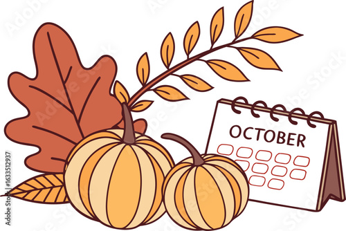 A festive autumn scene featuring two cheerful pumpkins colorful fall leaves and a calendar marking the month of october evoking the spirit of the season