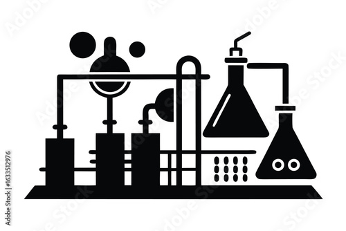 Black Silhouette of Laboratory Apparatus Flasks, Condensers, and Bubblers on White Background
