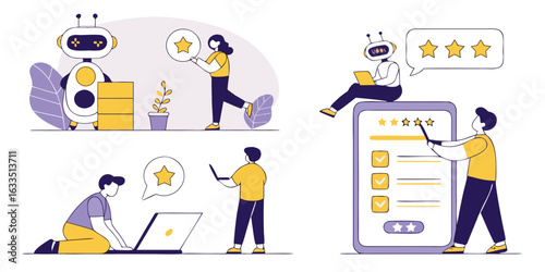 Customer feedback system with people interacting with technology rating and reviewing services and products using robots and laptops