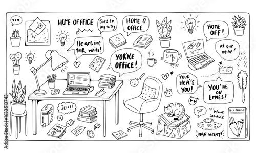 Hand-drawn Home Office Doodles: A Whimsical Illustration of Remote Work Essentials, Comfort, and Everyday Life at Home