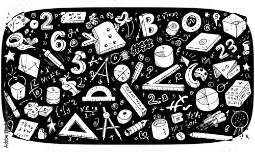 Comprehensive Chalkboard-Style Math Doodle Art with Numbers, Geometric Forms, Equations, and Educational Instruments on a Black Background